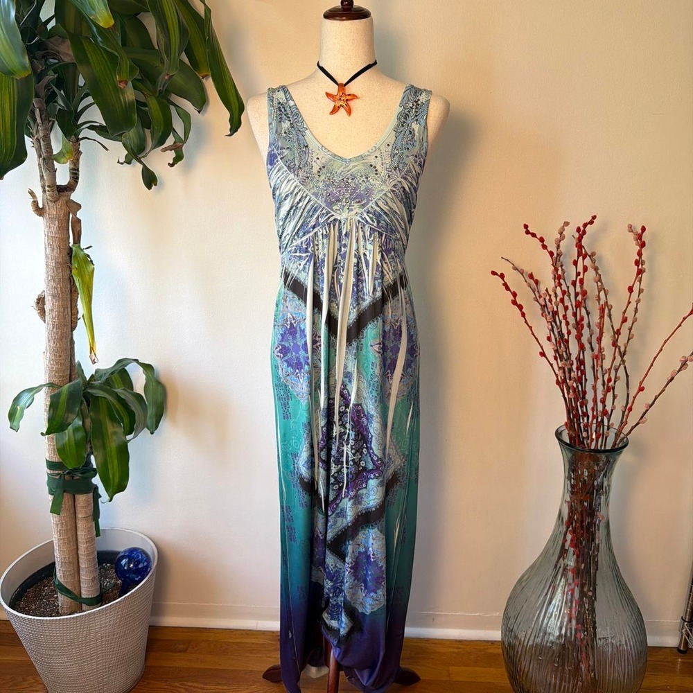 Apt 9 Mermaidcore Beaded Aqua Tie Dye Maxi Dress Small Blue Teal Boho Summer